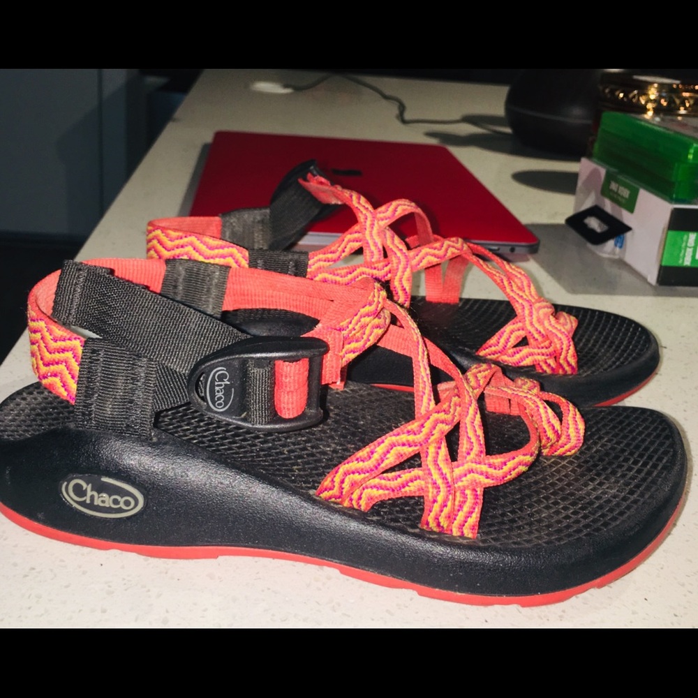 Red and black chacos